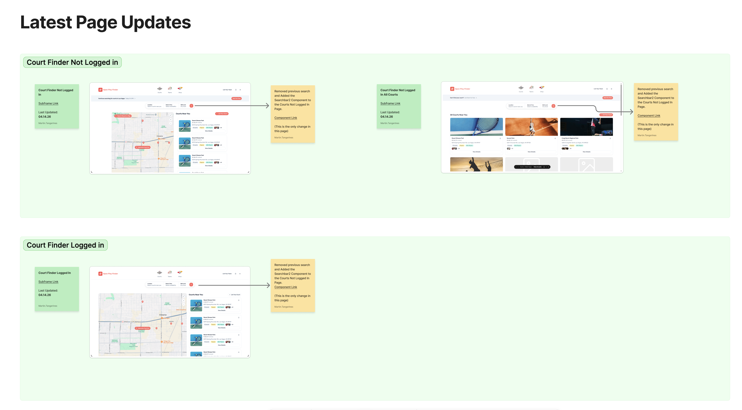 Living changelog of page updates with dates and Subframe links